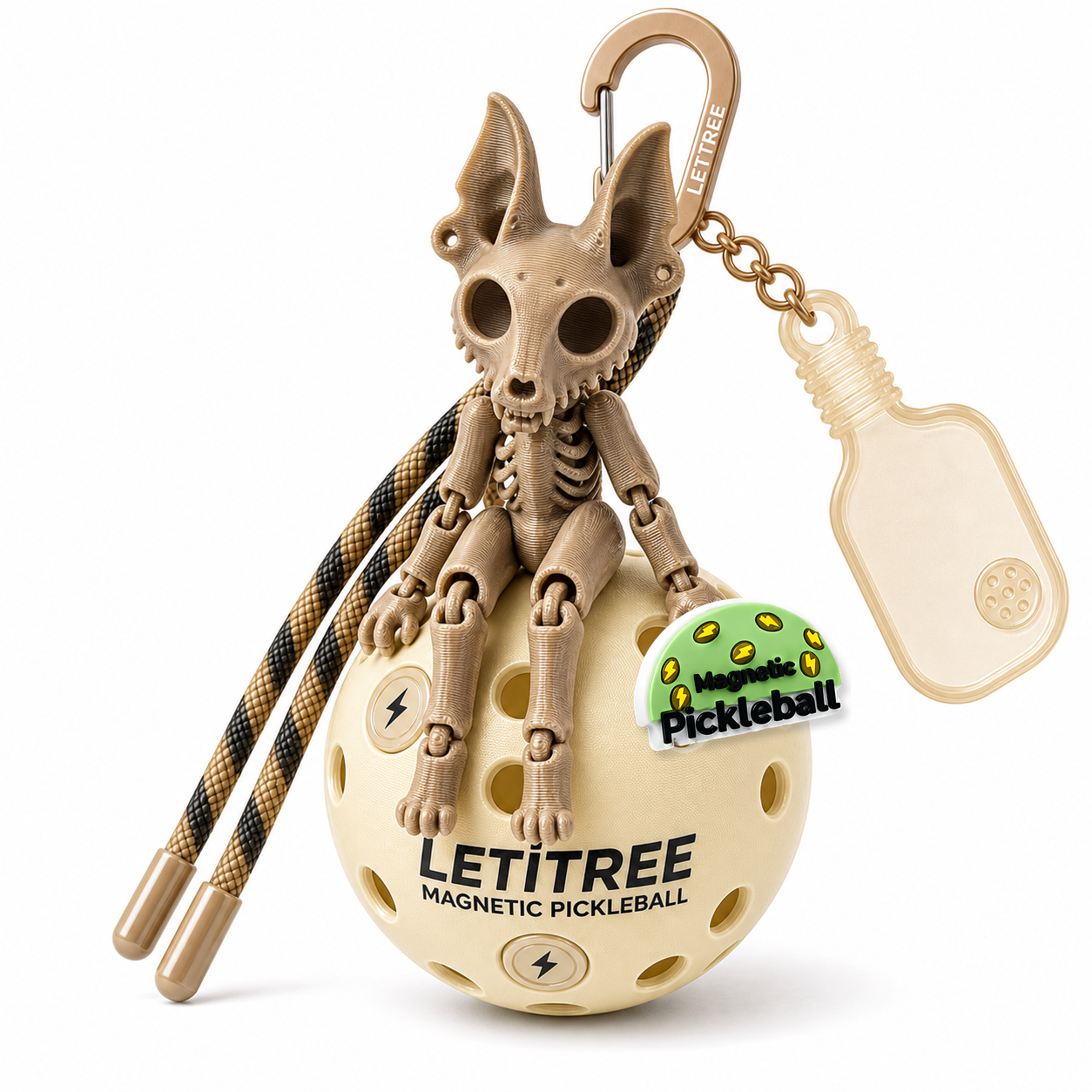 LETiTREE Magnetic Pickleball Keychain - Skeleton Cat Wood Tone V1 (SKC001)