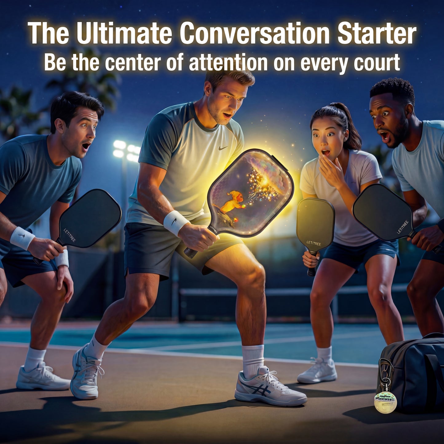 LETITREE 4-in-1 Magnetic LED Light-Painting Pickleball Paddle Set (Glows in Dark) — Includes 1 Indoor & 1 Outdoor Ball, No-Bend Pickup Kit