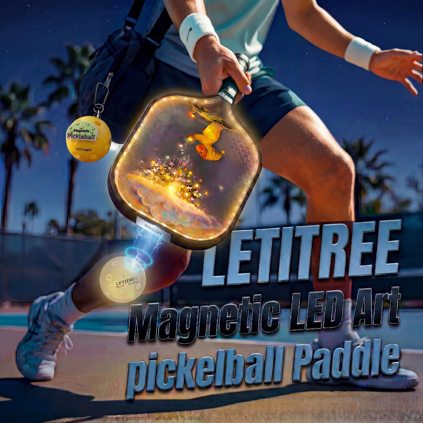 LETITREE 4-in-1 Magnetic LED Light-Painting Pickleball Paddle Set (Glows in Dark) — Includes 1 Indoor & 1 Outdoor Ball, No-Bend Pickup Kit
