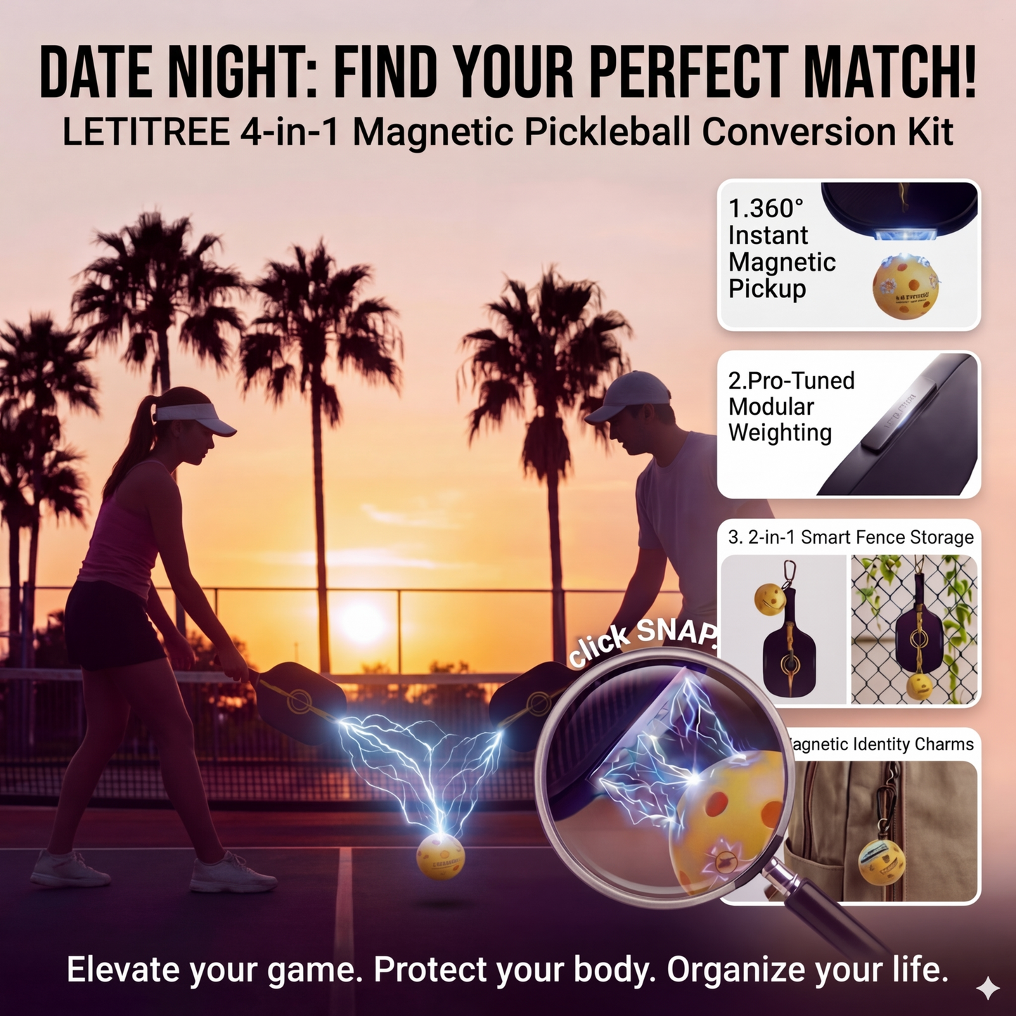 The Perfect Match! ‍️‍LETITREE Magnetic Pickleball Conversion Kit 4-in-1｜No-Bend Pickup · Swing Weight Tuning · Fence Storage · DIY Charms｜Lazy Tool, Court Prank, Viral Video, Birthday Gift