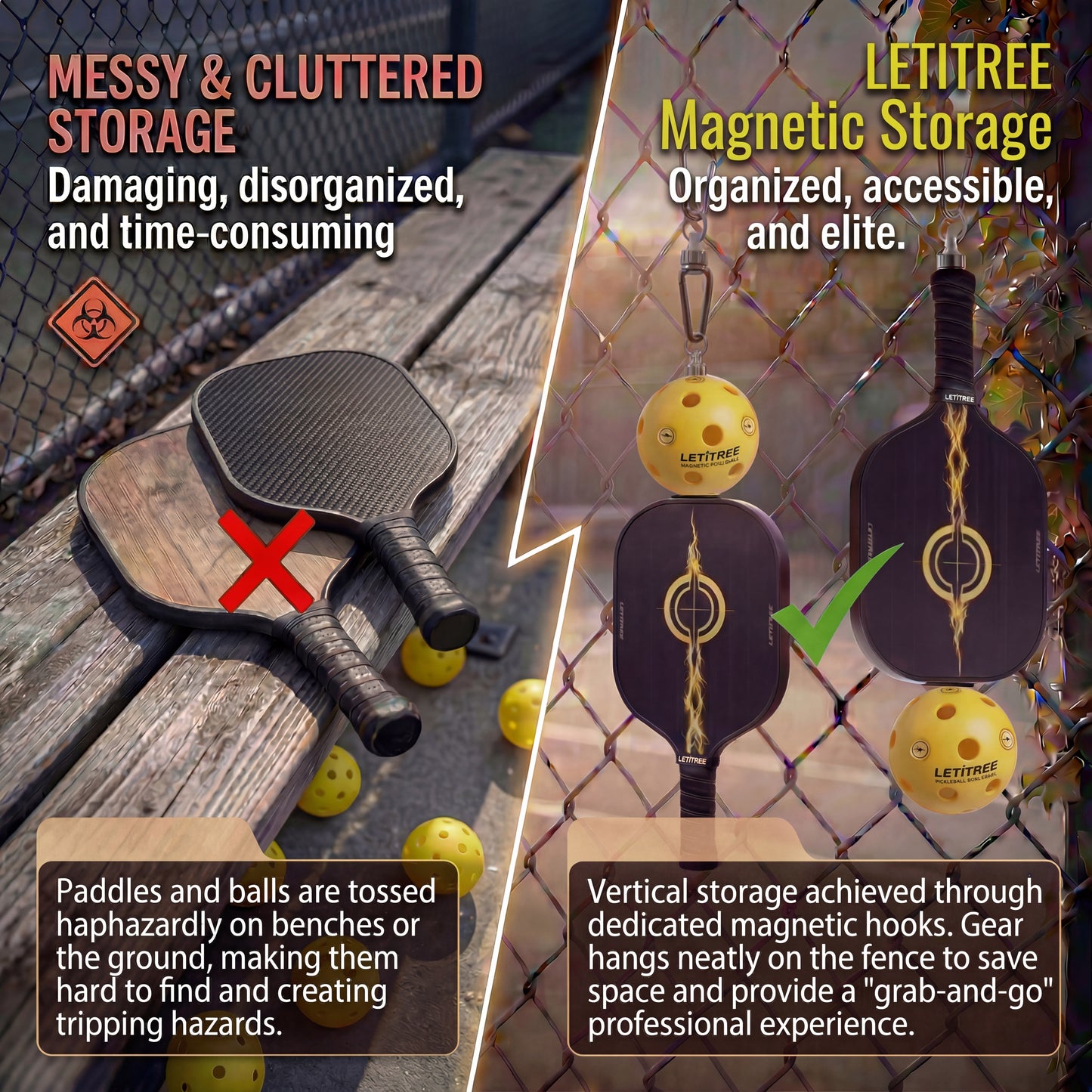 LETITREE 4-in-1 Magnetic LED Light-Painting Pickleball Paddle Set (Glows in Dark) — Includes 1 Indoor & 1 Outdoor Ball, No-Bend Pickup Kit