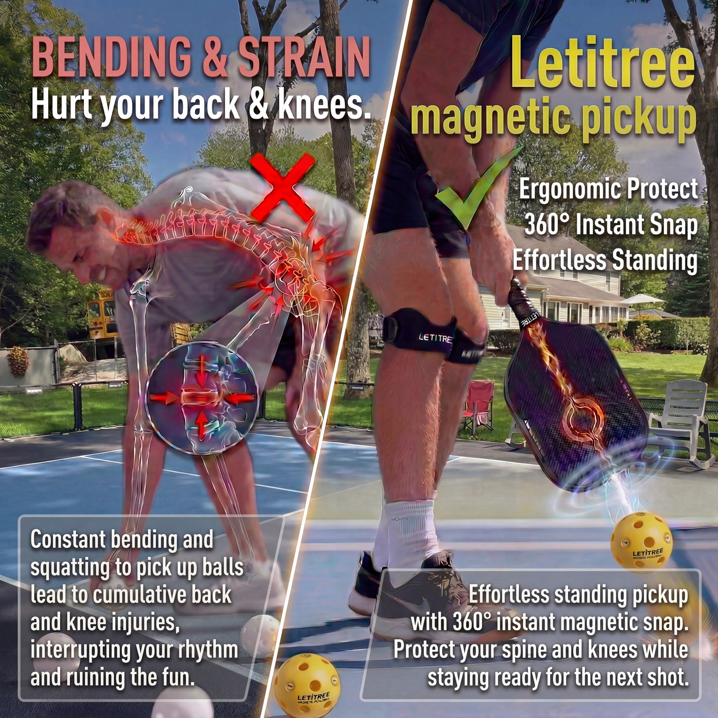 LETITREE 4-in-1 Magnetic LED Light-Painting Pickleball Paddle Set (Glows in Dark) — Includes 1 Indoor & 1 Outdoor Ball, No-Bend Pickup Kit