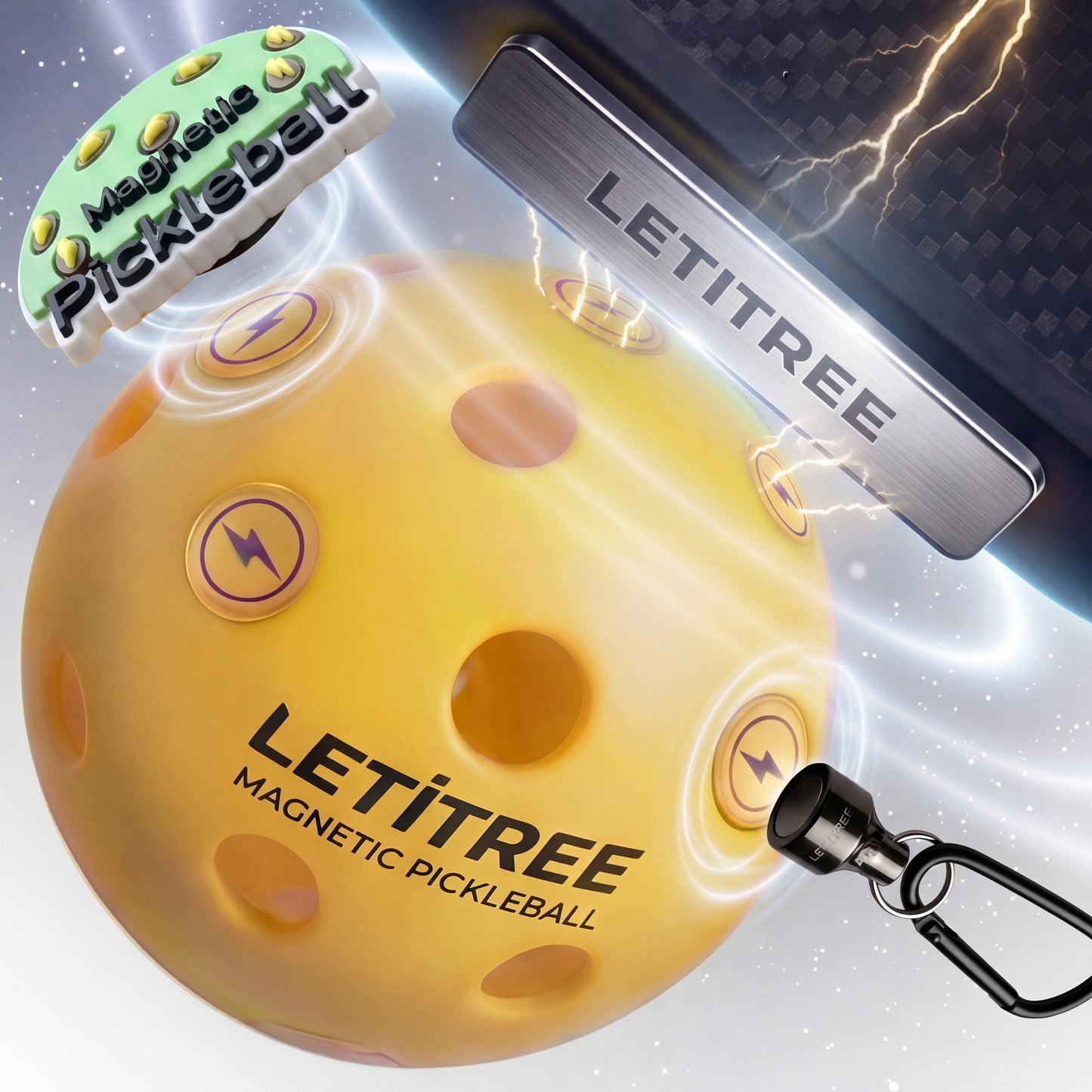 LETITREE Magnetic Pickleball Conversion Kit 4-in-1｜No-Bend Pickup · Swing Weight Tuning · Fence Storage · DIY Charms｜Lazy Tool, Court Prank, Viral Video, Birthday Gift (Solo Smart Edition - Yellow)