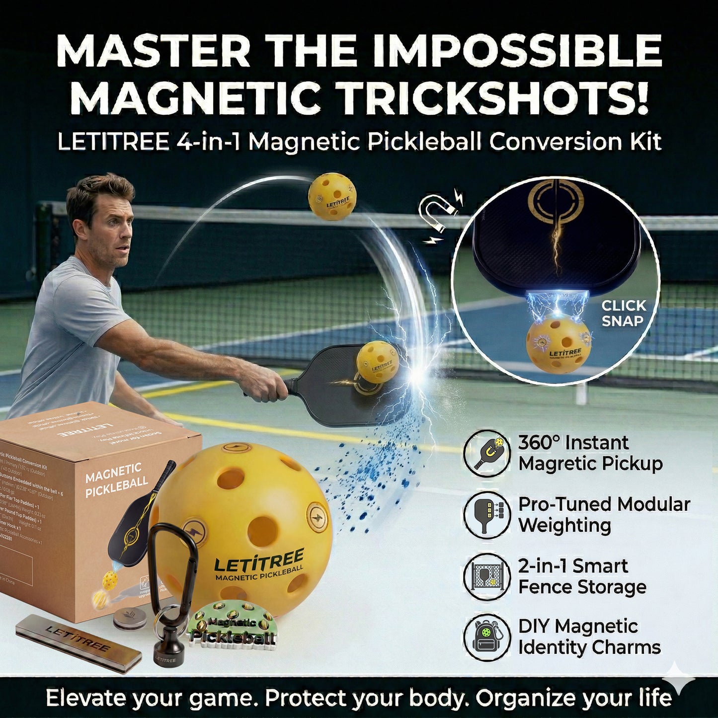 Master Impossible Trickshots! LETITREE Magnetic Pickleball Conversion Kit 4-in-1｜No-Bend Pickup · Swing Weight Tuning · Fence Storage · DIY Charms｜Lazy Tool, Court Prank, Viral Video, Birthday Gift