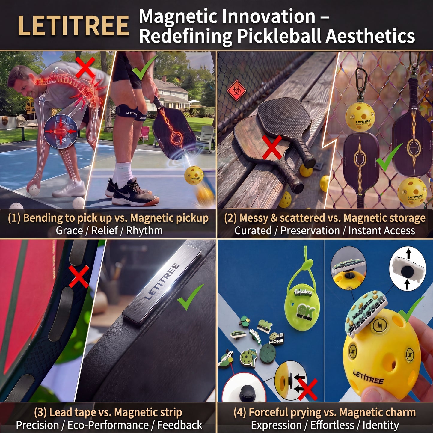 LETITREE Magnetic Pickleball Conversion Kit 4-in-1｜No-Bend Pickup · Swing Weight Tuning · Fence Storage · DIY Charms｜Lazy Tool, Court Prank, Viral Video, Birthday Gift (Solo Smart Edition - Yellow)