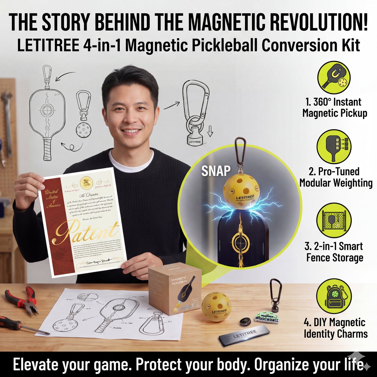 The Story Behind the Revolution! ️LETITREE Magnetic Pickleball Conversion Kit 4-in-1｜No-Bend Pickup · Swing Weight Tuning · Fence Storage · DIY Charms｜Lazy Tool, Court Prank, Viral Video, Birthday Gift