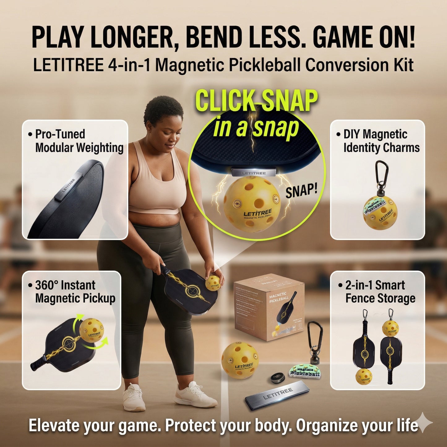 Play Longer, Bend Less!  ILETITREE Magnetic Pickleball Conversion Kit 4-in-1｜No-Bend Pickup · Swing Weight Tuning · Fence Storage · DIY Charms｜Lazy Tool, Court Prank, Viral Video, Birthday Gift