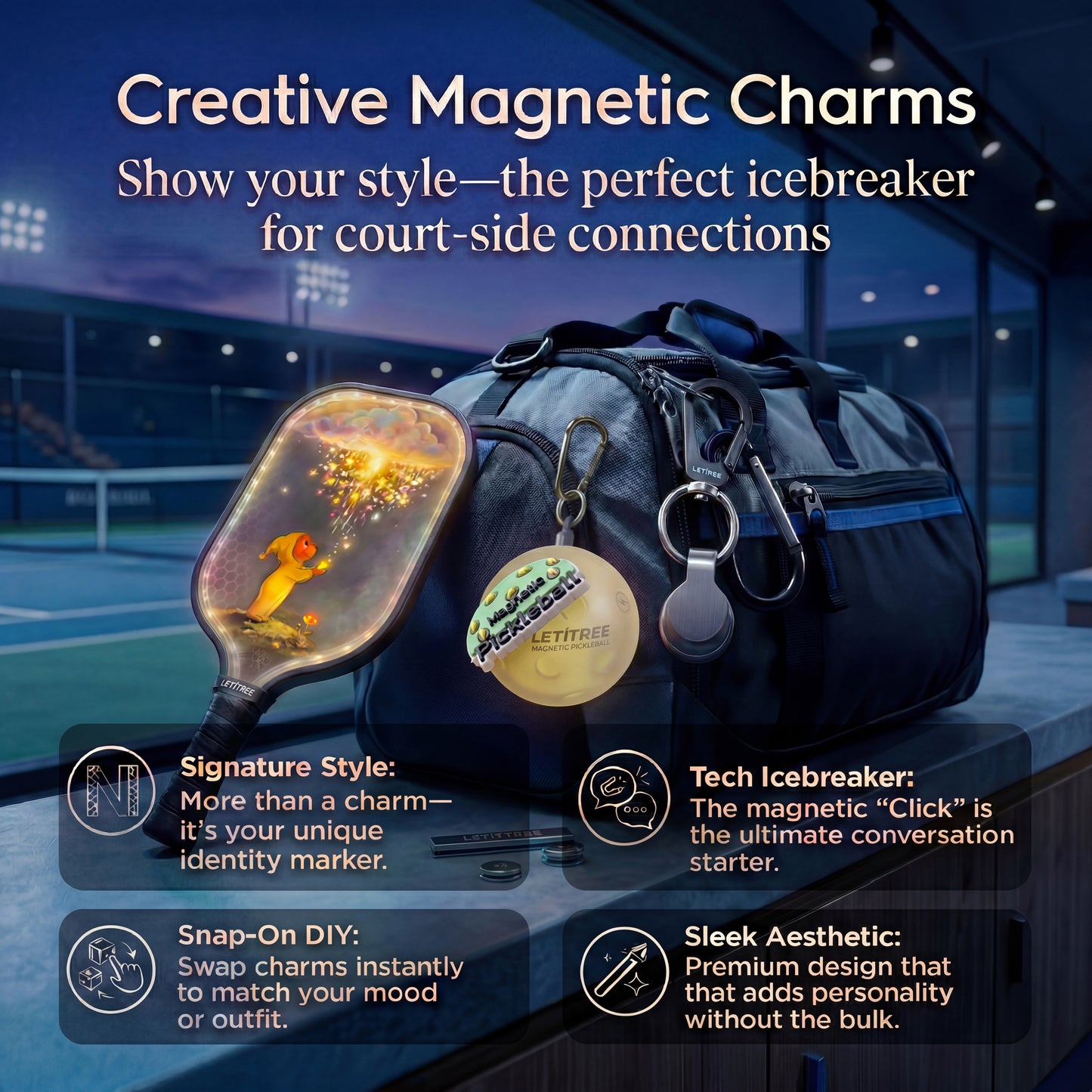 LETITREE Magnetic Pickleball Conversion Kit 4-in-1｜No-Bend Pickup · Swing Weight Tuning · Fence Storage · DIY Charms｜Lazy Tool, Court Prank, Viral Video, Birthday Gift(Club Training Edition)