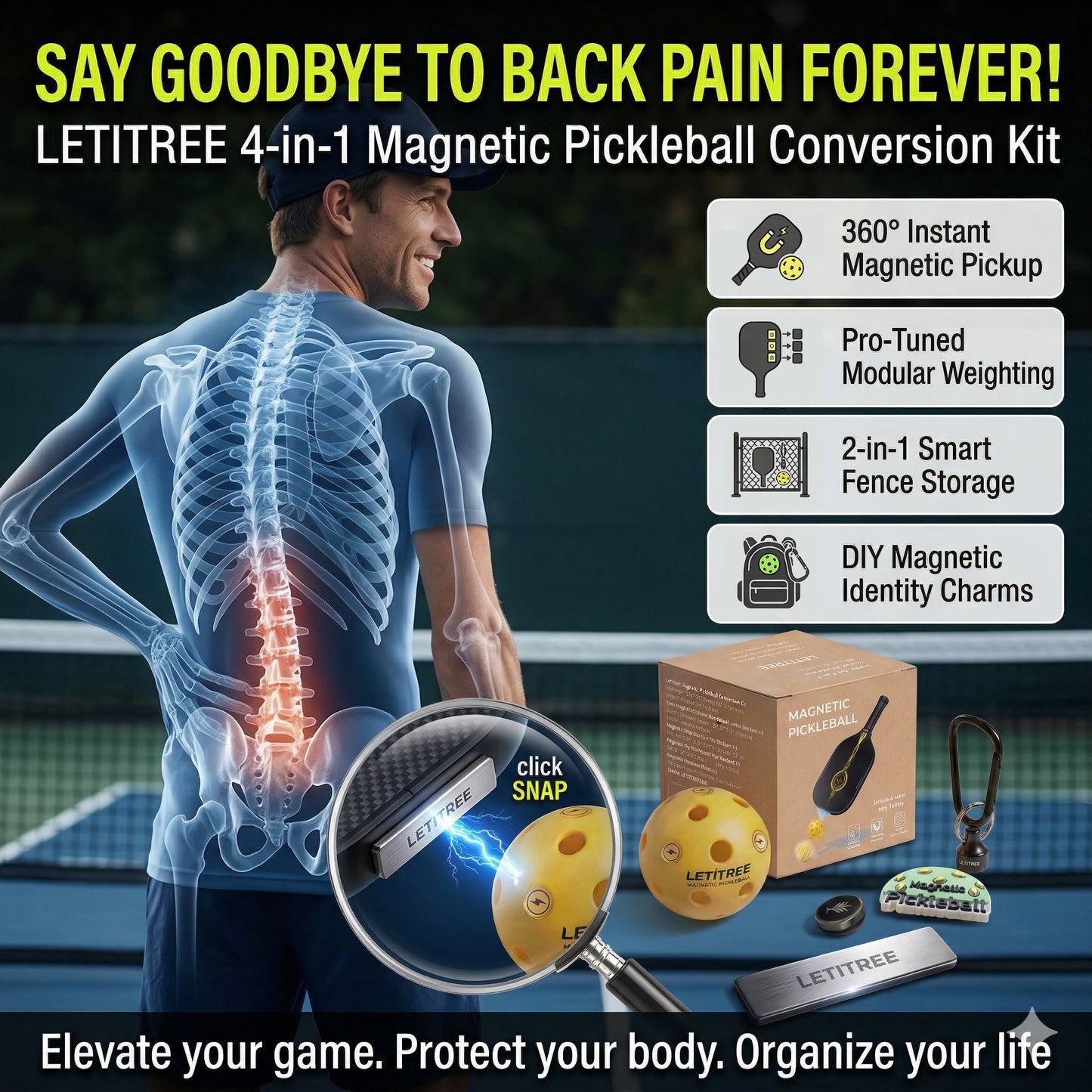Say Goodbye to Back Pain!  LETITREE Magnetic Pickleball Conversion Kit 4-in-1｜No-Bend Pickup · Swing Weight Tuning · Fence Storage · DIY Charms｜Lazy Tool, Court Prank, Viral Video, Birthday Gift