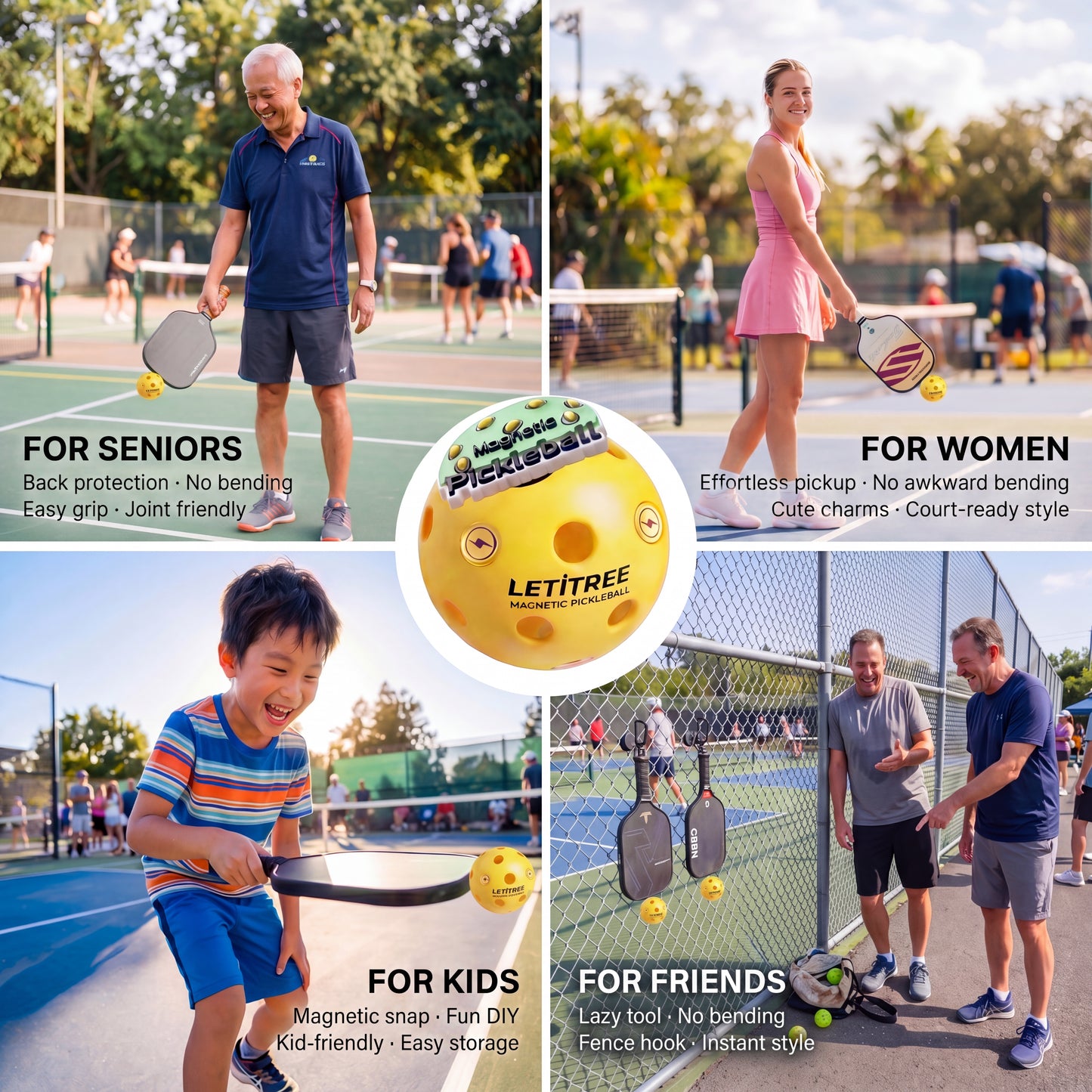 LETITREE Magnetic Pickleball Conversion Kit 4-in-1｜No-Bend Pickup · Swing Weight Tuning · Fence Storage · DIY Charms｜Lazy Tool, Court Prank, Viral Video, Birthday Gift (Solo Smart Edition - Yellow)