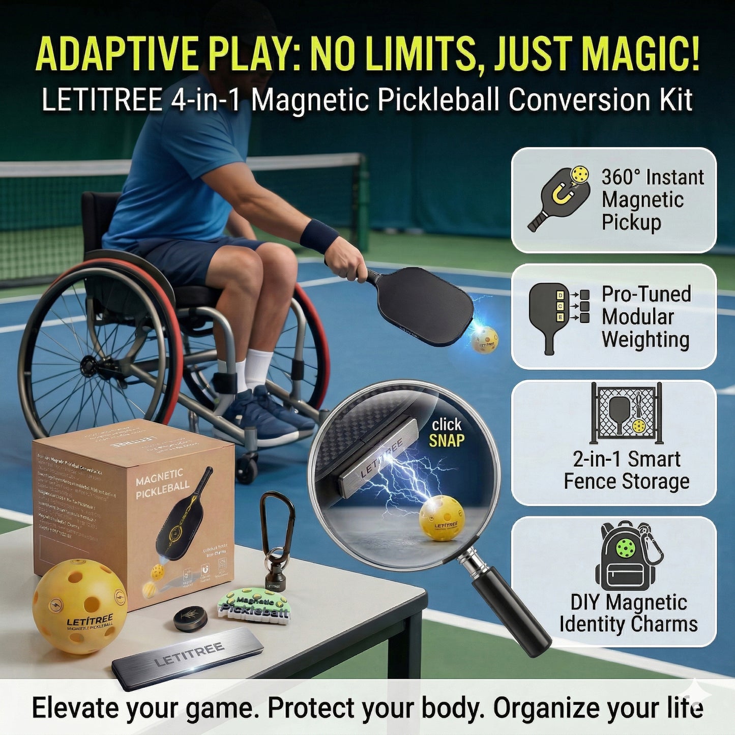 Adaptive Play Magic! LETITREE Magnetic Pickleball Conversion Kit 4-in-1｜No-Bend Pickup · Swing Weight Tuning · Fence Storage · DIY Charms｜Lazy Tool, Court Prank, Viral Video, Birthday Gift