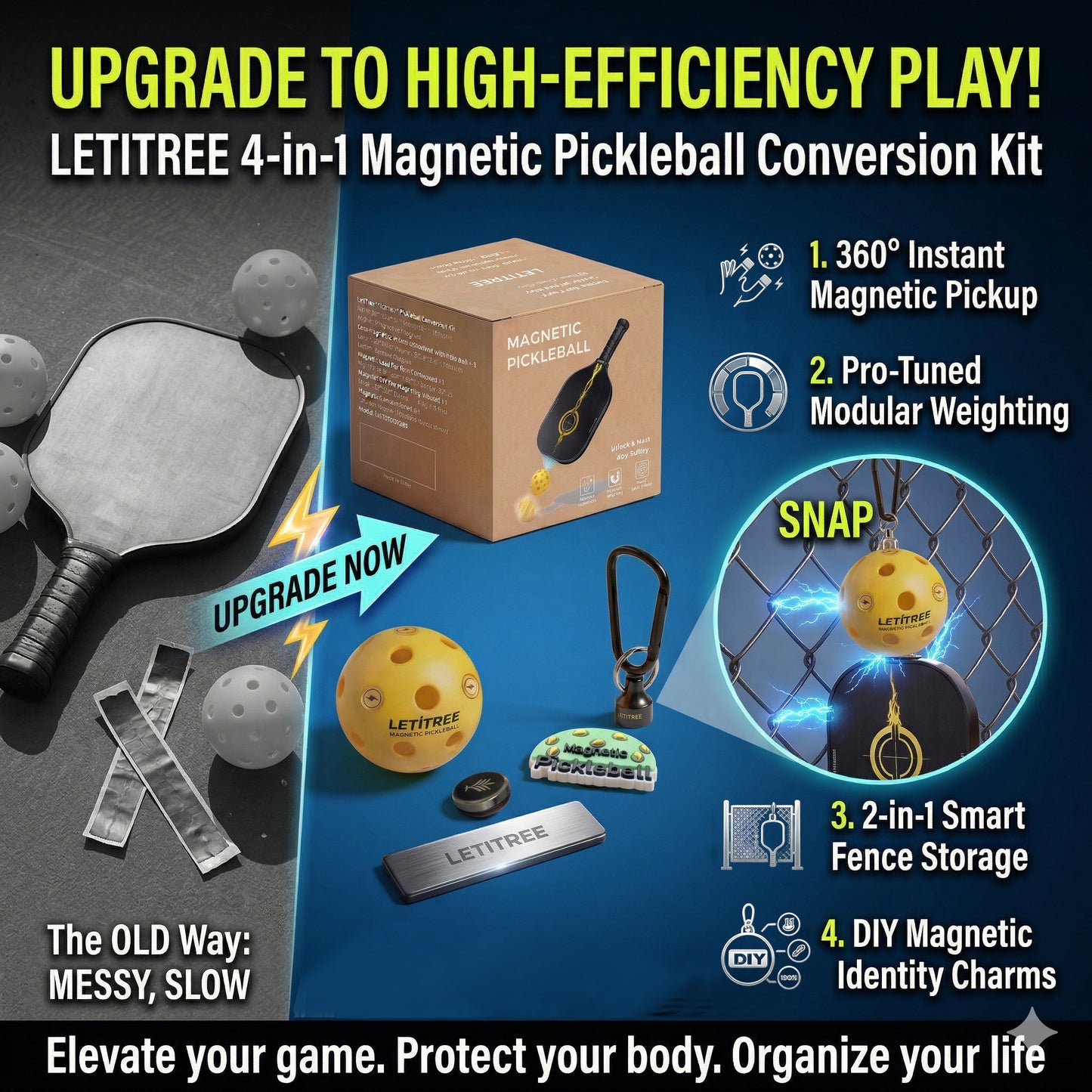 Upgrade to High-Efficiency!  LETITREE Magnetic Pickleball Conversion Kit 4-in-1｜No-Bend Pickup · Swing Weight Tuning · Fence Storage · DIY Charms｜Lazy Tool, Court Prank, Viral Video, Birthday Gift