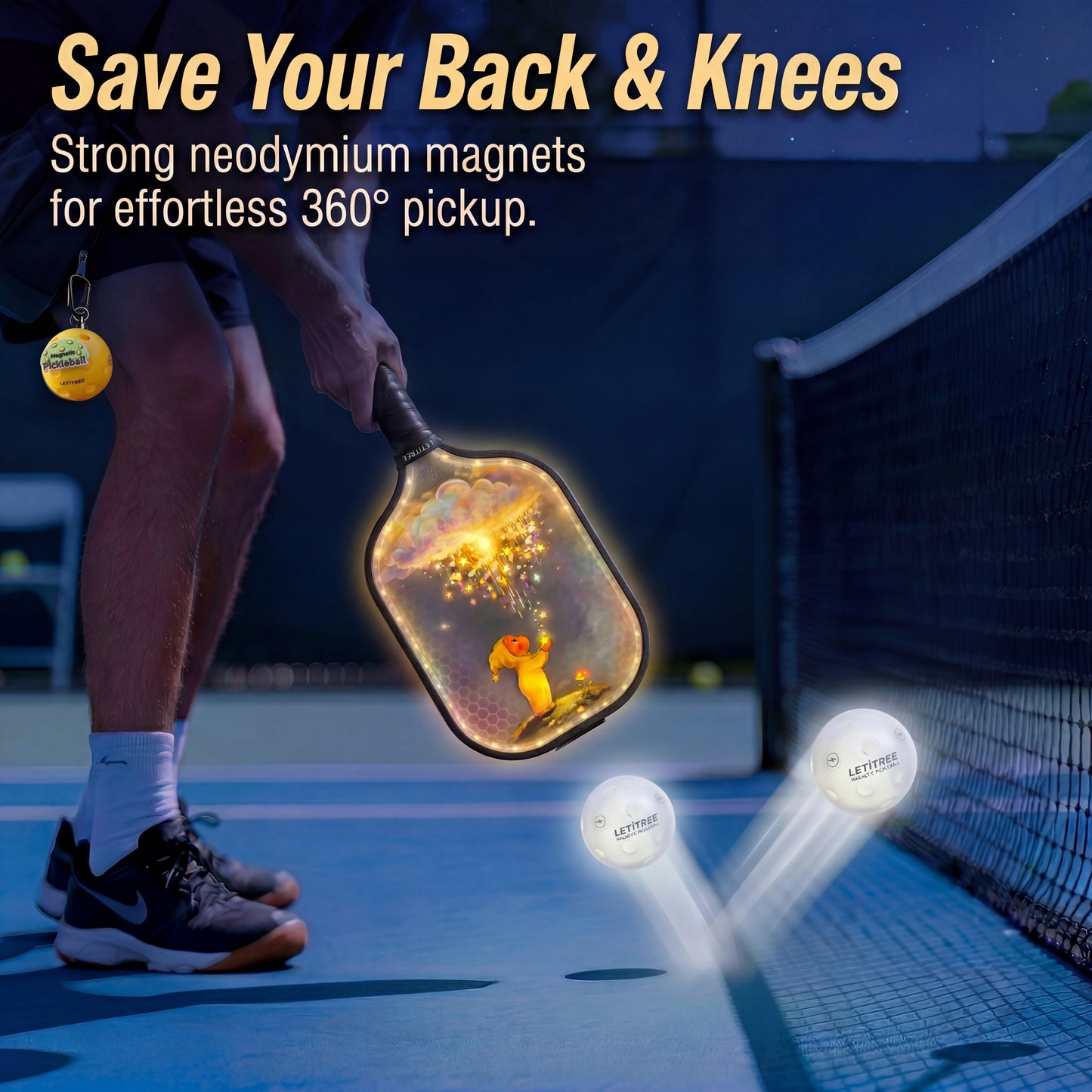 LETITREE 4-in-1 Magnetic LED Light-Painting Pickleball Paddle Set (Glows in Dark) — Includes 1 Indoor & 1 Outdoor Ball, No-Bend Pickup Kit