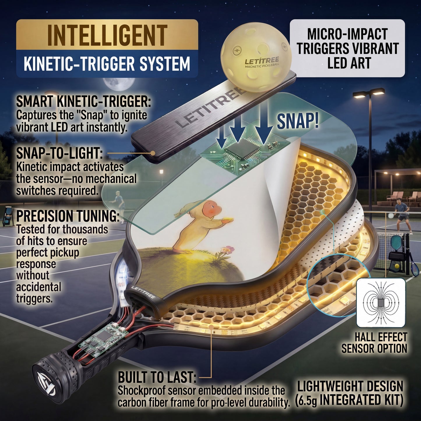 LETITREE 4-in-1 Magnetic LED Light-Painting Pickleball Paddle Set (Glows in Dark) — Includes 1 Indoor & 1 Outdoor Ball, No-Bend Pickup Kit