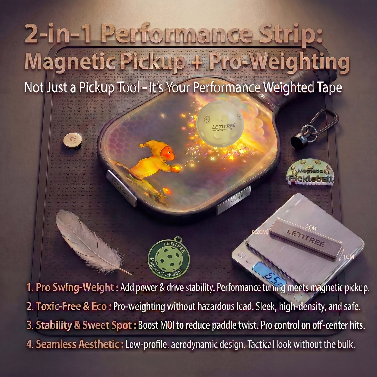 LETITREE 4-in-1 Magnetic LED Light-Painting Pickleball Paddle Set (Glows in Dark) — Includes 1 Indoor & 1 Outdoor Ball, No-Bend Pickup Kit