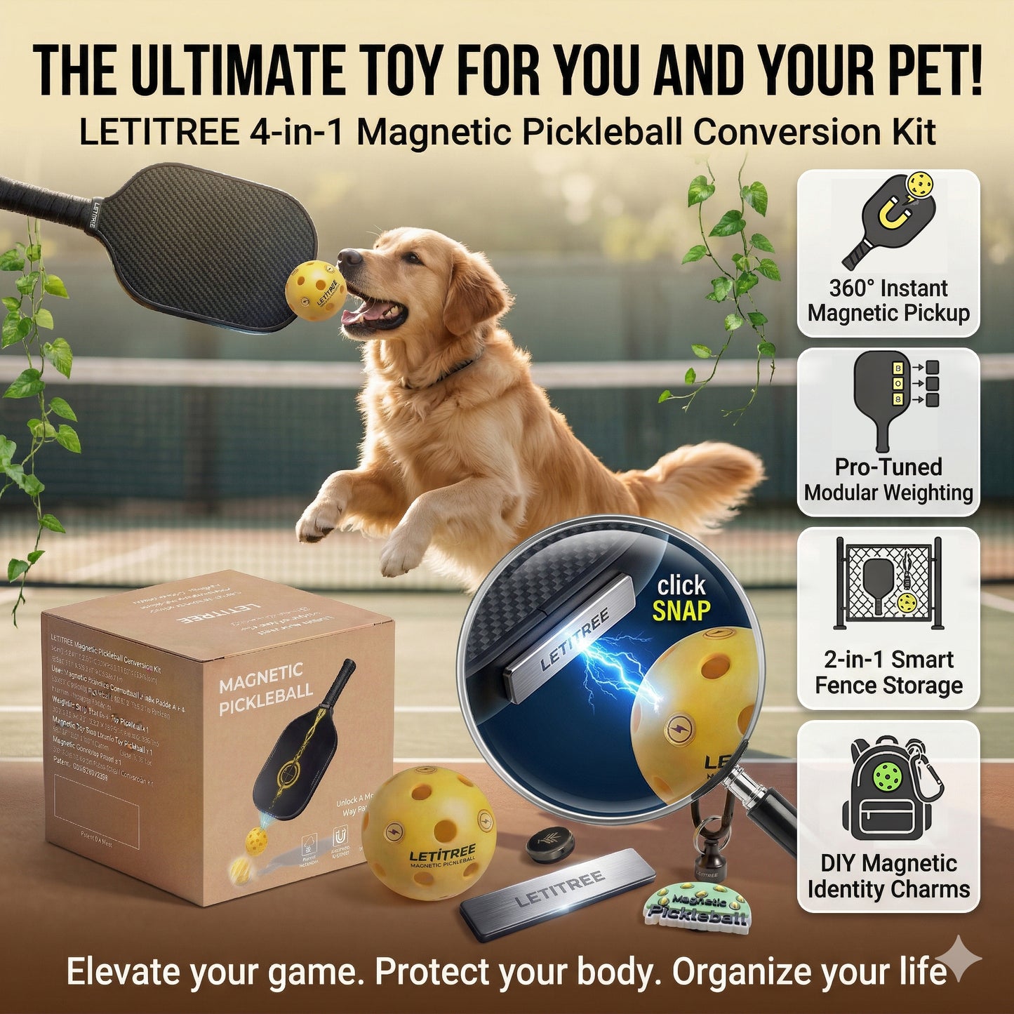 Best Dog Toy Ever?LETITREE Magnetic Pickleball Conversion Kit 4-in-1｜No-Bend Pickup · Swing Weight Tuning · Fence Storage · DIY Charms｜Lazy Tool, Court Prank, Viral Video, Birthday Gift