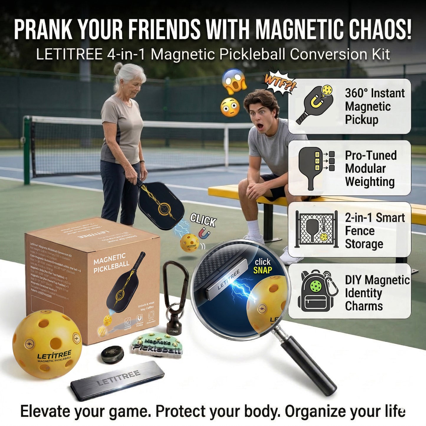 Magnetic Chaos!  LETITREE Magnetic Pickleball Conversion Kit 4-in-1｜No-Bend Pickup · Swing Weight Tuning · Fence Storage · DIY Charms｜Lazy Tool, Court Prank, Viral Video, Birthday Gift
