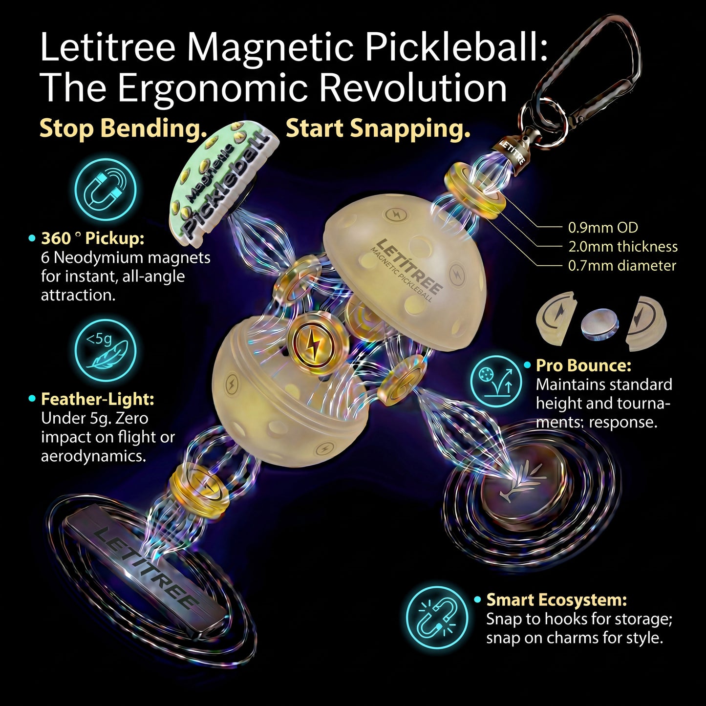 LETITREE Magnetic Pickleball Conversion Kit 4-in-1｜No-Bend Pickup · Swing Weight Tuning · Fence Storage · DIY Charms｜Lazy Tool, Court Prank, Viral Video, Birthday Gift(Club Training Edition)