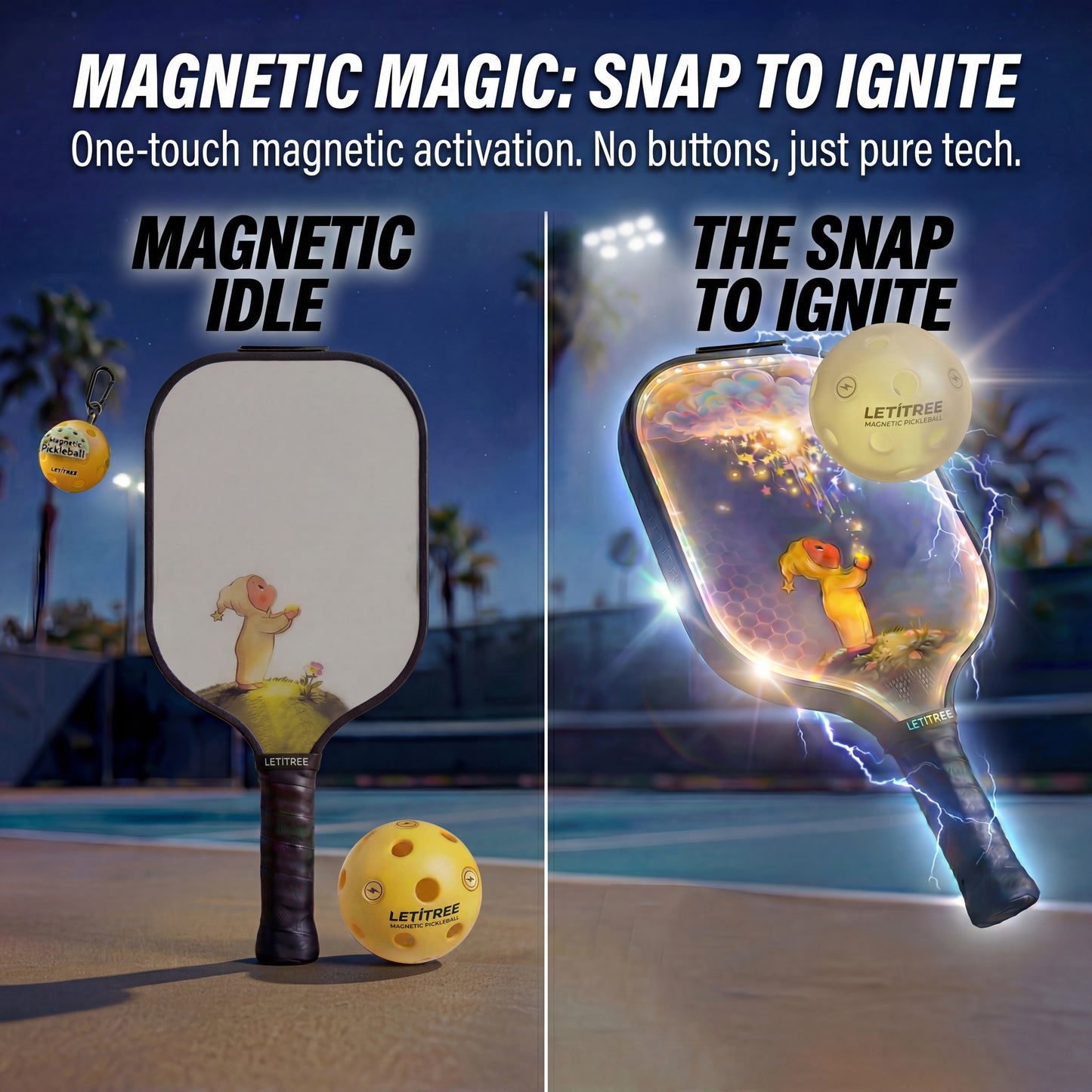 LETITREE 4-in-1 Magnetic LED Light-Painting Pickleball Paddle Set (Glows in Dark) — Includes 1 Indoor & 1 Outdoor Ball, No-Bend Pickup Kit