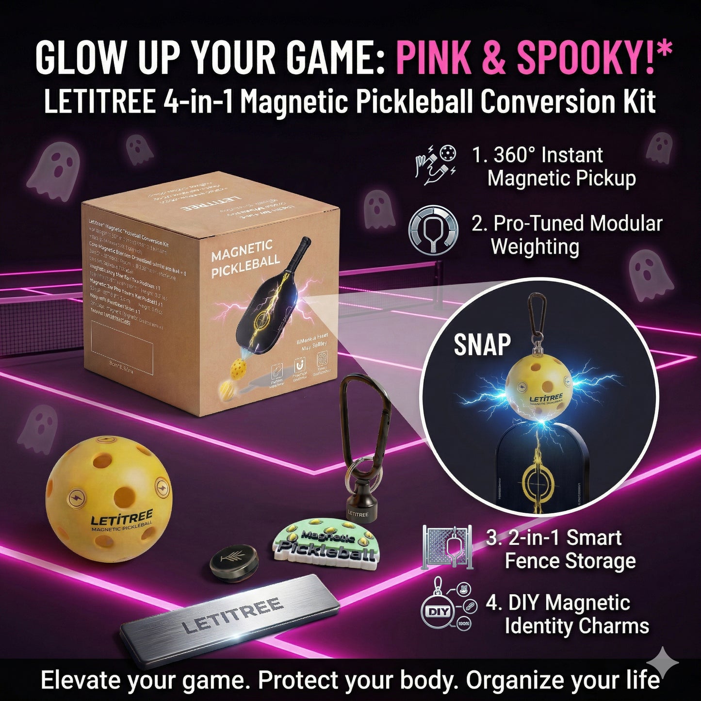 Glow Up Your Game!  LETITREE Magnetic Pickleball Conversion Kit 4-in-1｜No-Bend Pickup · Swing Weight Tuning · Fence Storage · DIY Charms｜Lazy Tool, Court Prank, Viral Video, Birthday Gift