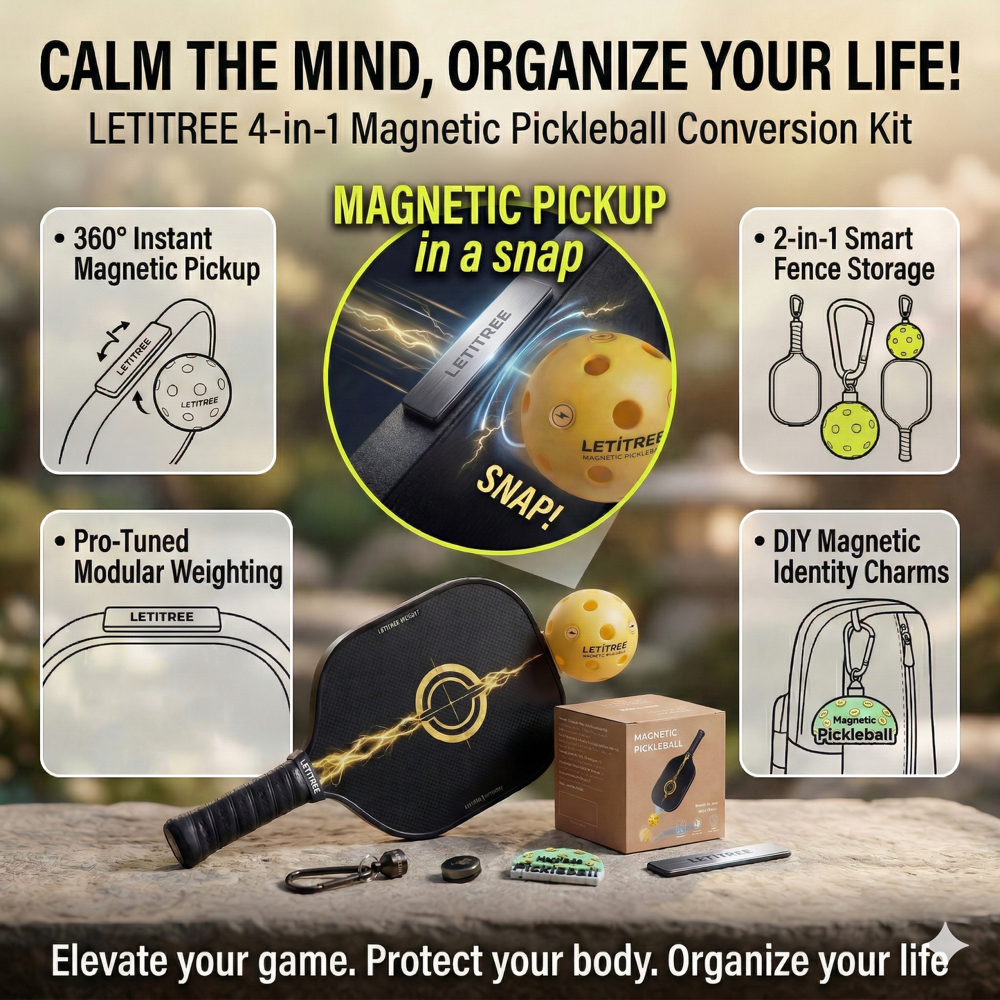 Calm the Mind, Order the Court!  LETITREE Magnetic Pickleball Conversion Kit 4-in-1｜No-Bend Pickup · Swing Weight Tuning · Fence Storage · DIY Charms｜Lazy Tool, Court Prank, Viral Video, Birthday Gift