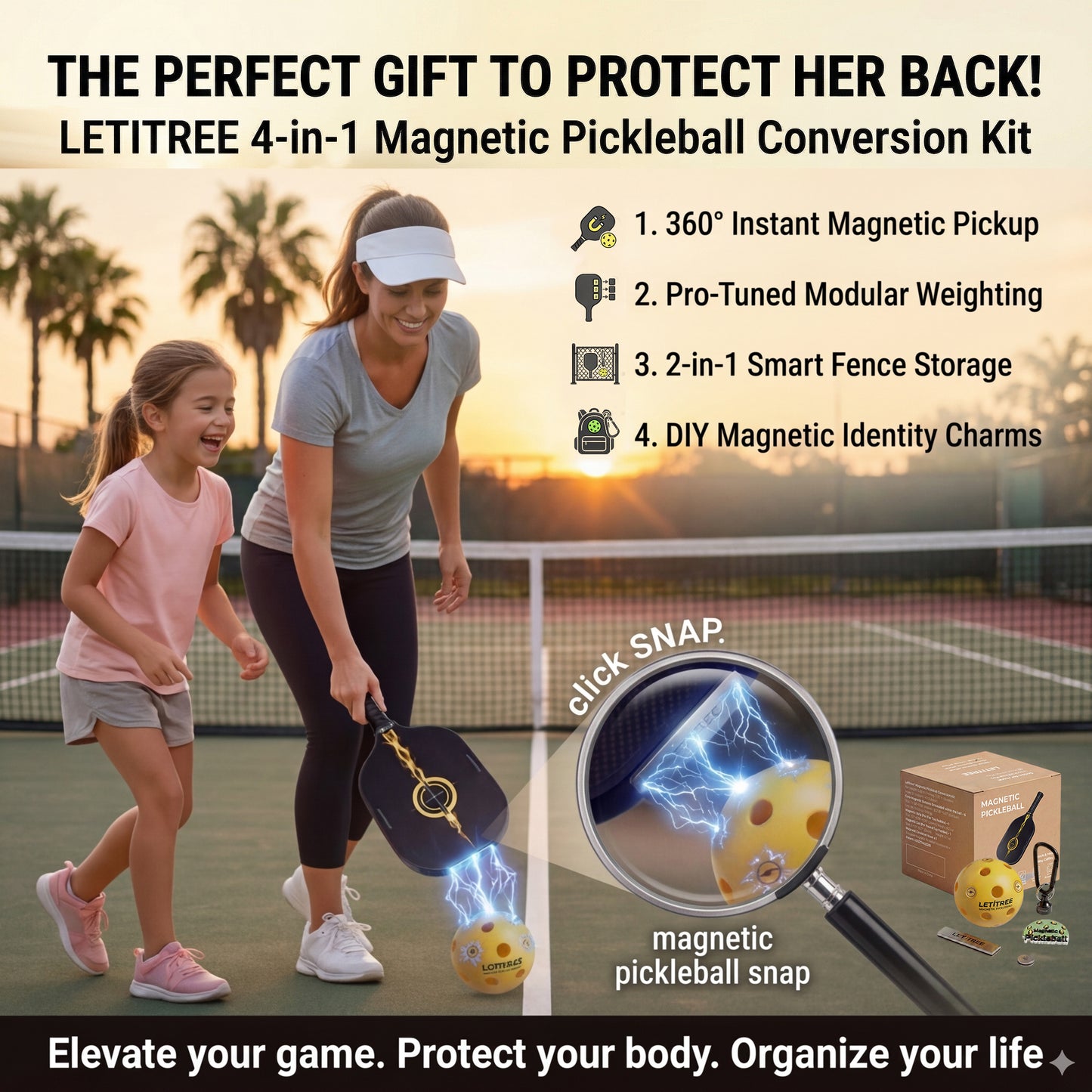 Best Mother's Day Gift  Stop Bending! LETITREE Magnetic Pickleball Conversion Kit 4-in-1｜No-Bend Pickup · Swing Weight Tuning · Fence Storage · DIY Charms｜Lazy Tool, Court Prank, Viral Video, Birthday Gift