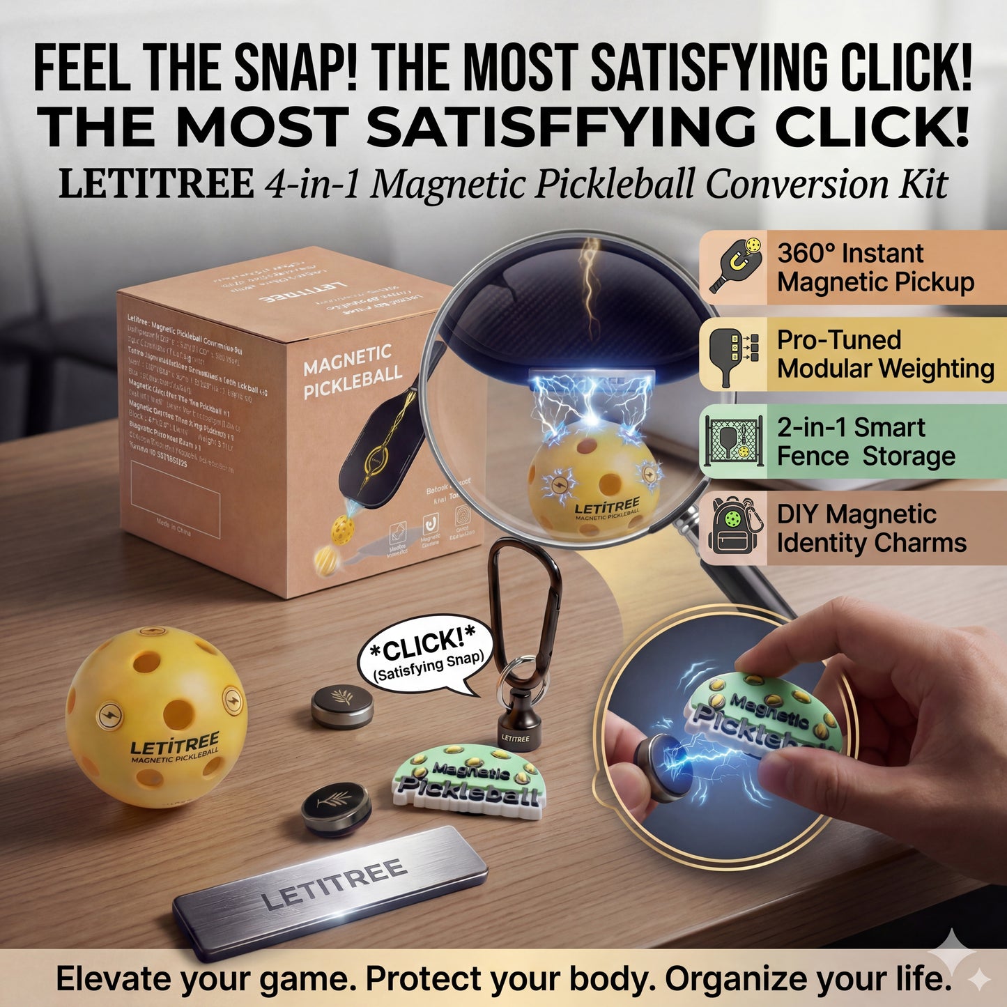 Feel the SNAP!   LETITREE Magnetic Pickleball Conversion Kit 4-in-1｜No-Bend Pickup · Swing Weight Tuning · Fence Storage · DIY Charms｜Lazy Tool, Court Prank, Viral Video, Birthday Gift