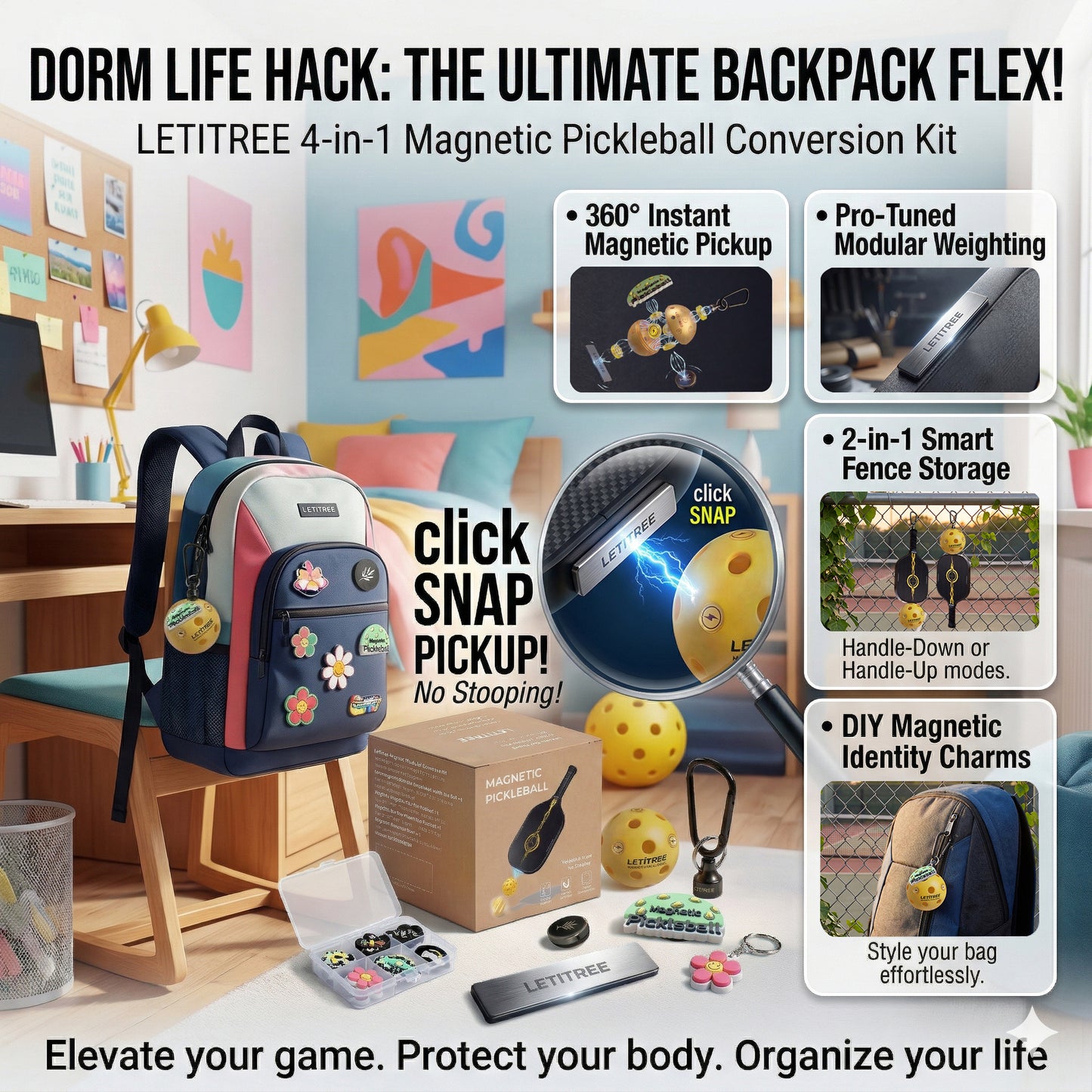 Dorm Life Hack! LETITREE Magnetic Pickleball Conversion Kit 4-in-1｜No-Bend Pickup · Swing Weight Tuning · Fence Storage · DIY Charms｜Lazy Tool, Court Prank, Viral Video, Birthday Gift