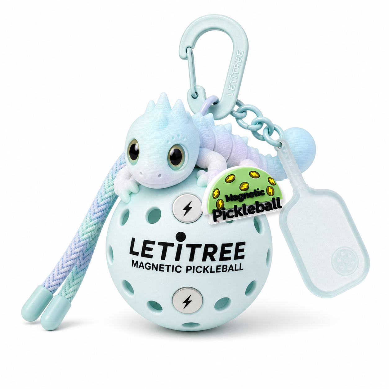 LETiTREE Magnetic Pickleball Keychain - Big Eye Lizard Dragon Glow Rainbow Day White (BDL004)