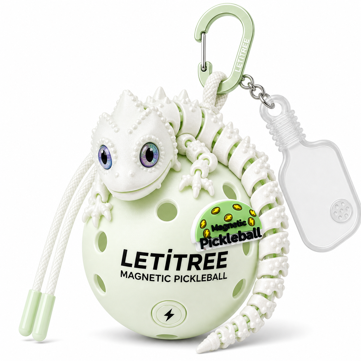 LETiTREE Magnetic Pickleball Keychain - Big Eye Lizard Dragon Glow Green Day White (BDL005)