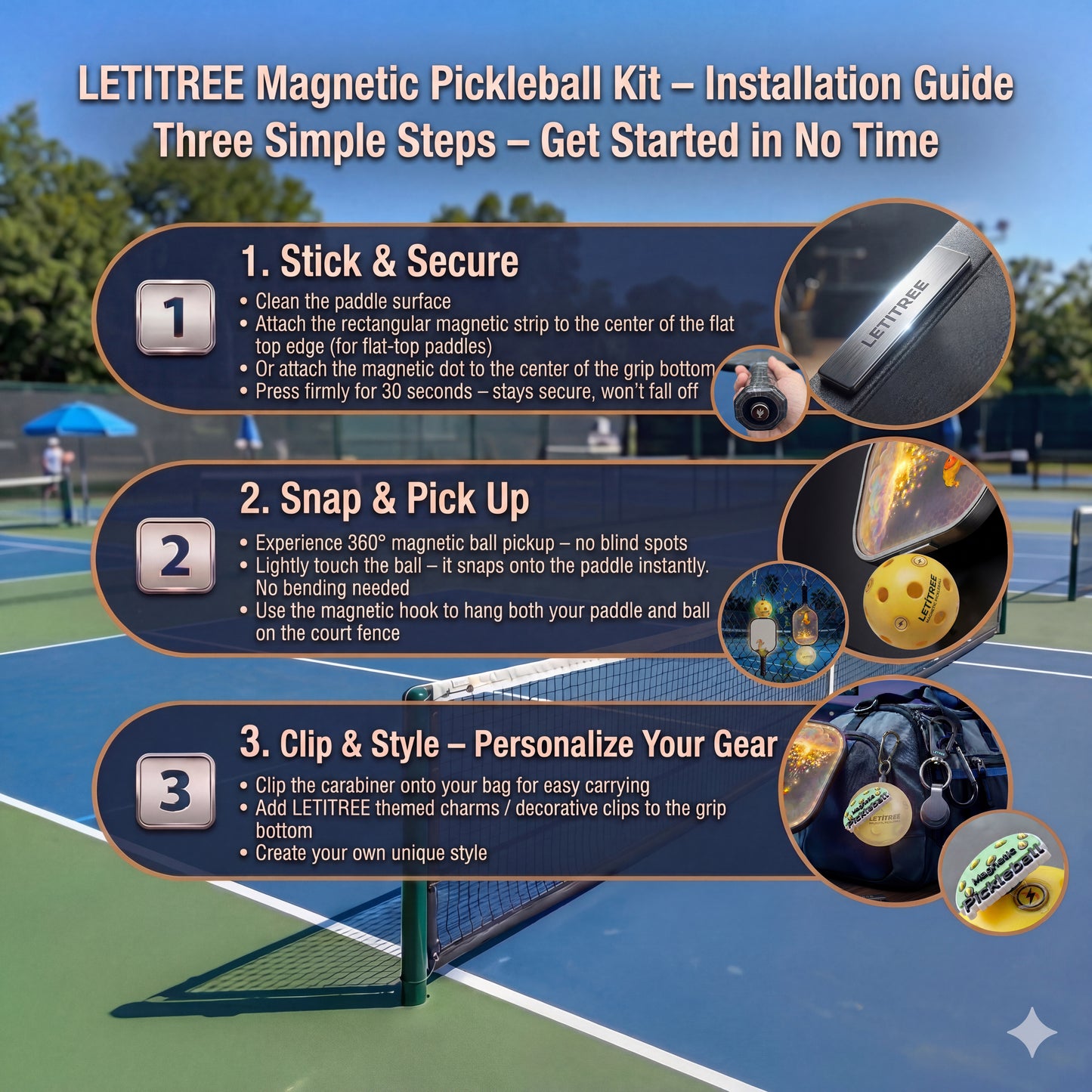 LETITREE Magnetic Pickleball Conversion Kit 4-in-1｜No-Bend Pickup · Swing Weight Tuning · Fence Storage · DIY Charms｜Lazy Tool, Court Prank, Viral Video, Birthday Gift (Solo Smart Edition - Yellow)