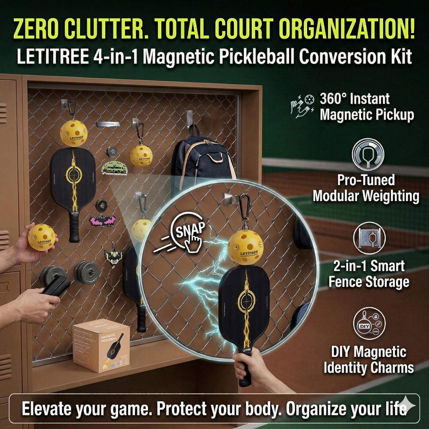 Zero Clutter!  LETITREE Magnetic Pickleball Conversion Kit 4-in-1｜No-Bend Pickup · Swing Weight Tuning · Fence Storage · DIY Charms｜Lazy Tool, Court Prank, Viral Video, Birthday Gift