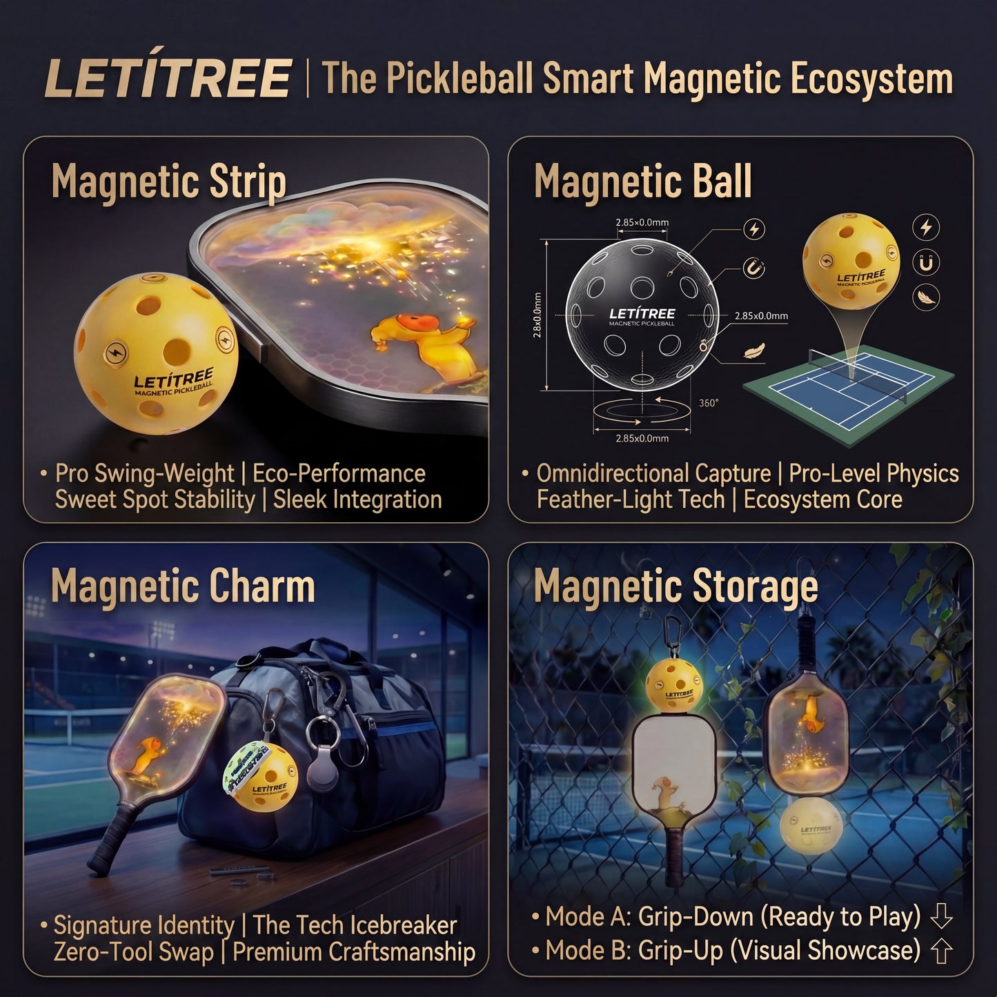 LETITREE Magnetic Pickleball Conversion Kit 4-in-1｜No-Bend Pickup · Swing Weight Tuning · Fence Storage · DIY Charms｜Lazy Tool, Court Prank, Viral Video, Birthday Gift (Solo Smart Edition - Yellow)