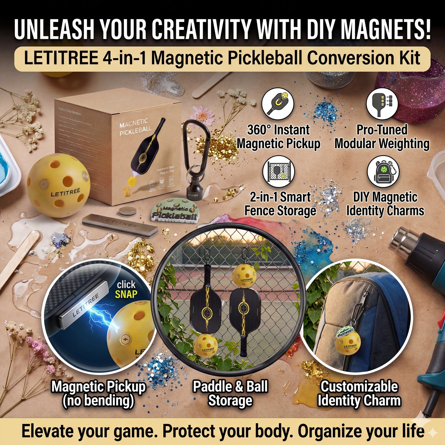 Unleash Your Creativity!  LETITREE Magnetic Pickleball Conversion Kit 4-in-1｜No-Bend Pickup · Swing Weight Tuning · Fence Storage · DIY Charms｜Lazy Tool, Court Prank, Viral Video, Birthday Gift