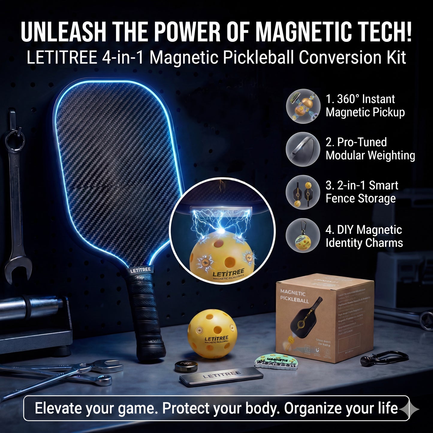 Unleash Magnetic Tech!  LETITREE Magnetic Pickleball Conversion Kit 4-in-1｜No-Bend Pickup · Swing Weight Tuning · Fence Storage · DIY Charms｜Lazy Tool, Court Prank, Viral Video, Birthday Gift