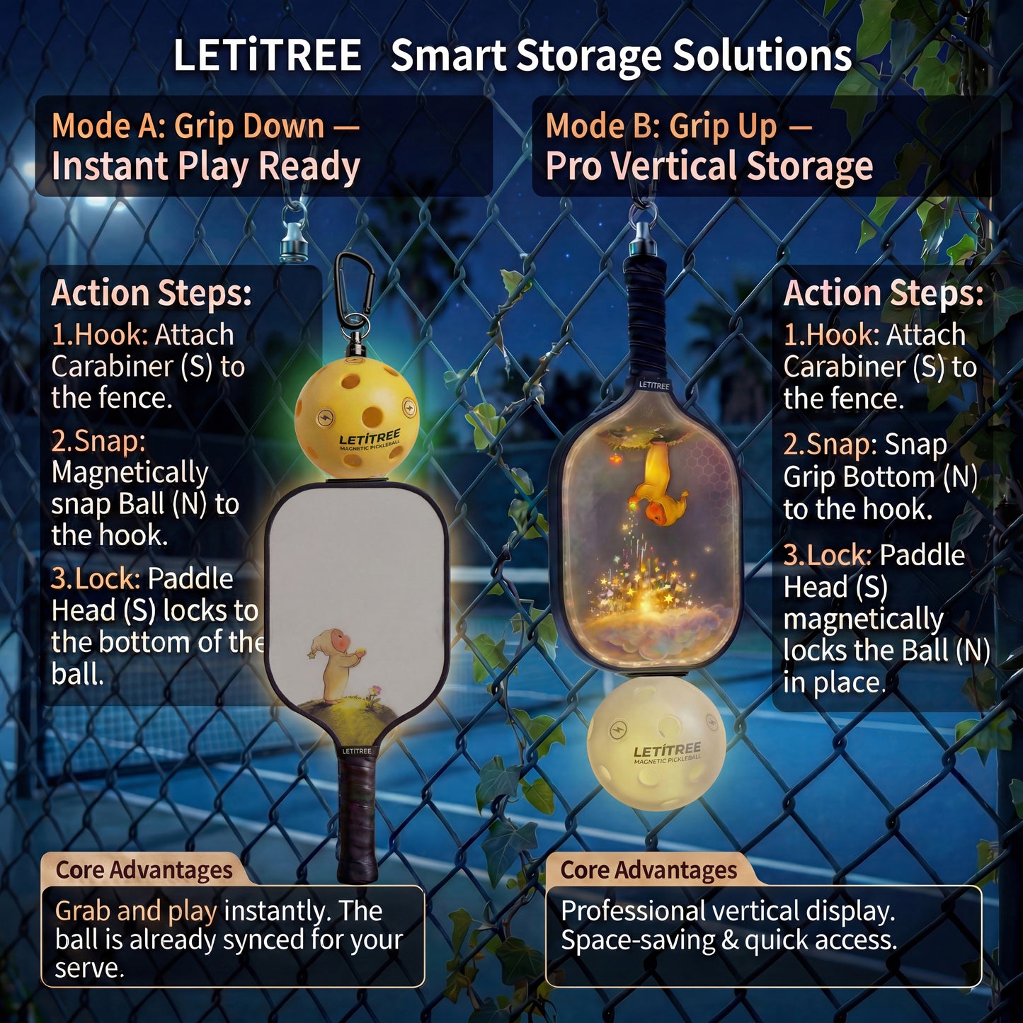 LETITREE Magnetic Pickleball Conversion Kit 4-in-1｜No-Bend Pickup · Swing Weight Tuning · Fence Storage · DIY Charms｜Lazy Tool, Court Prank, Viral Video, Birthday Gift(Club Training Edition)