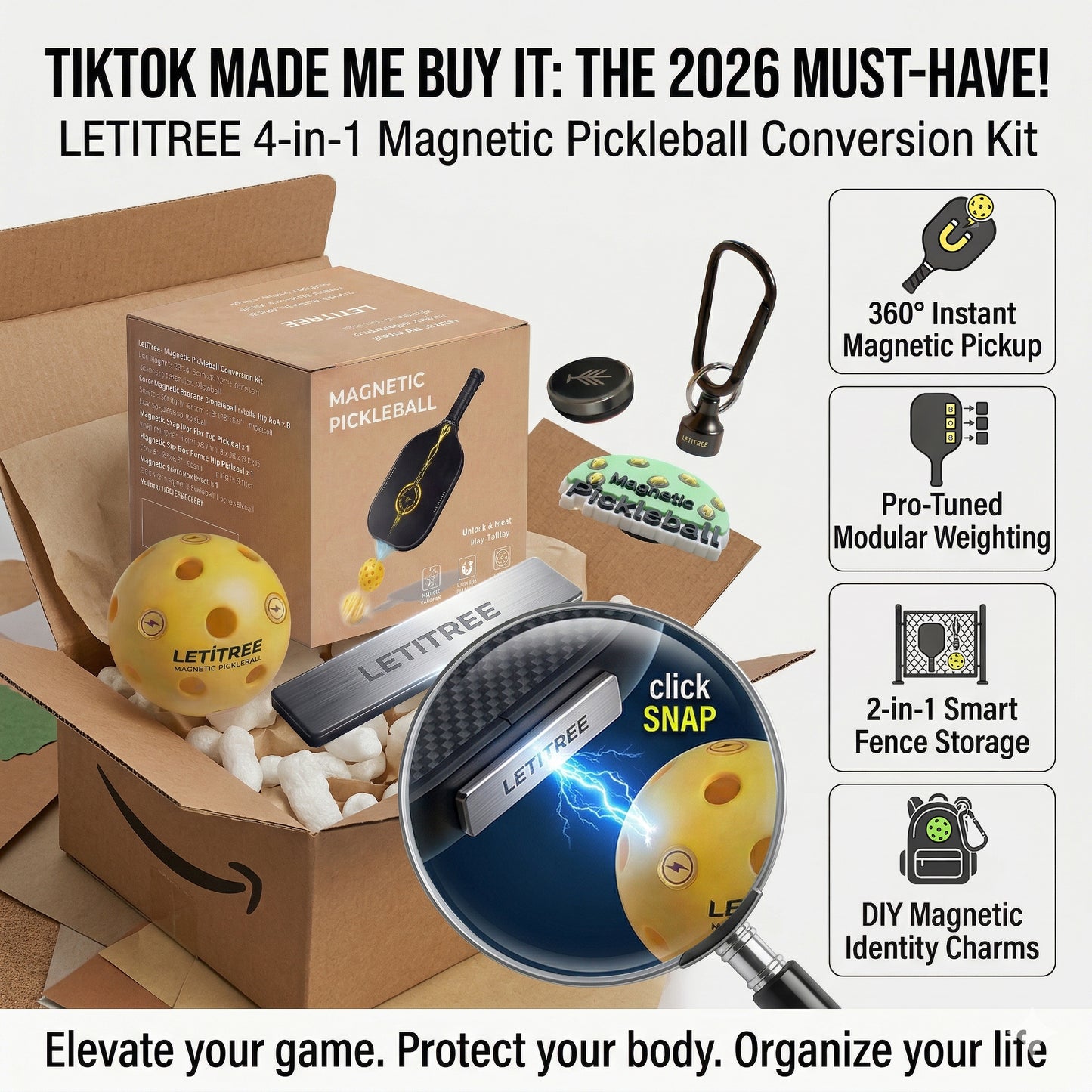 Made Me Buy It! LETITREE Magnetic Pickleball Conversion Kit 4-in-1｜No-Bend Pickup · Swing Weight Tuning · Fence Storage · DIY Charms｜Lazy Tool, Court Prank, Viral Video, Birthday Gift