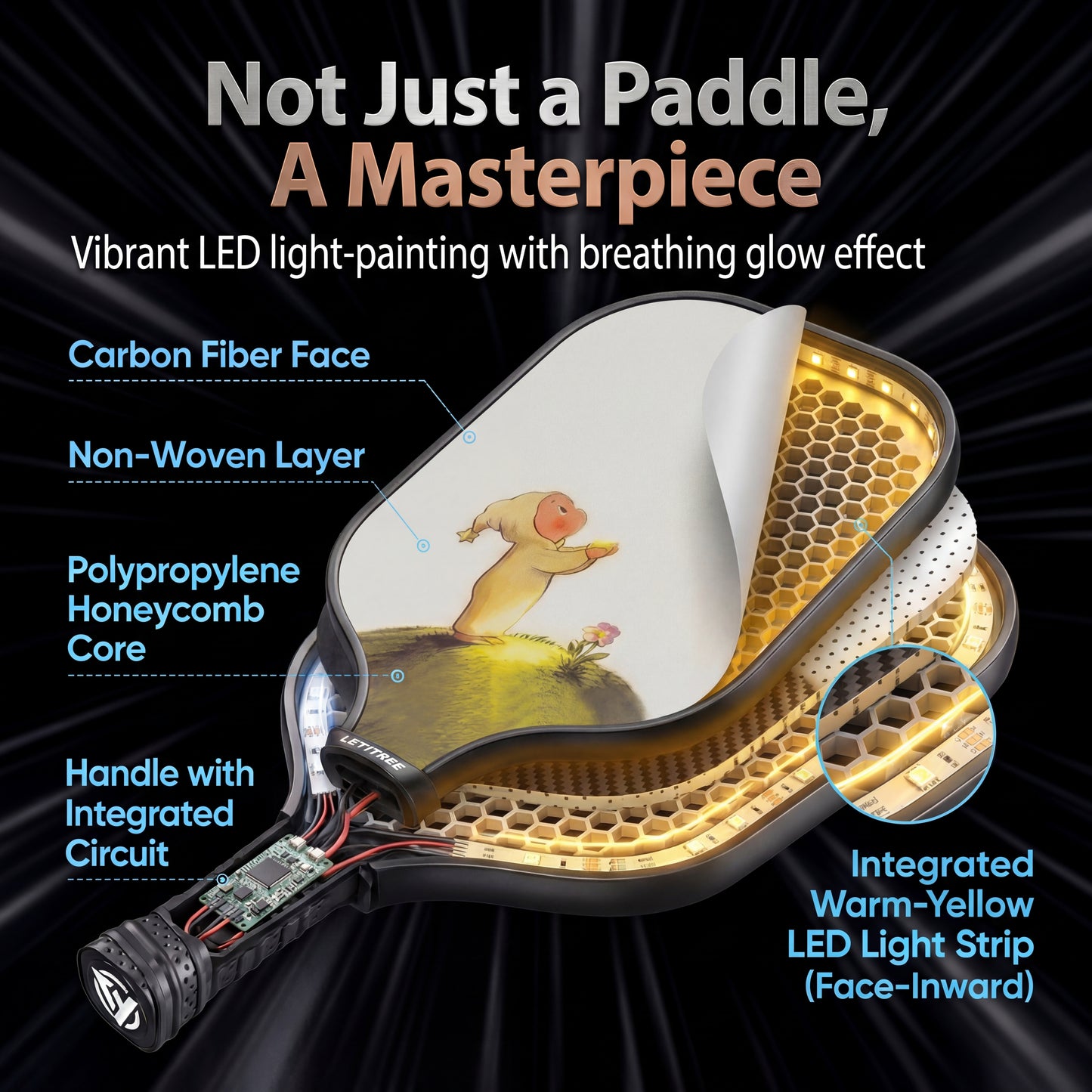 LETITREE 4-in-1 Magnetic LED Light-Painting Pickleball Paddle Set (Glows in Dark) — Includes 1 Indoor & 1 Outdoor Ball, No-Bend Pickup Kit