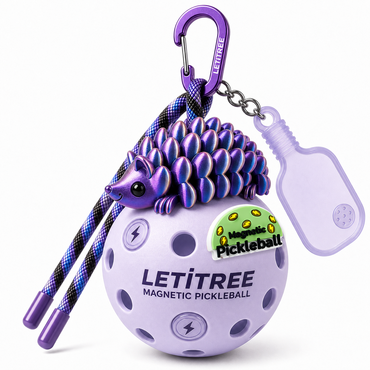LETiTREE Magnetic Pickleball Keychain - Pinecone Hedgehog Laser Purple (HED004)