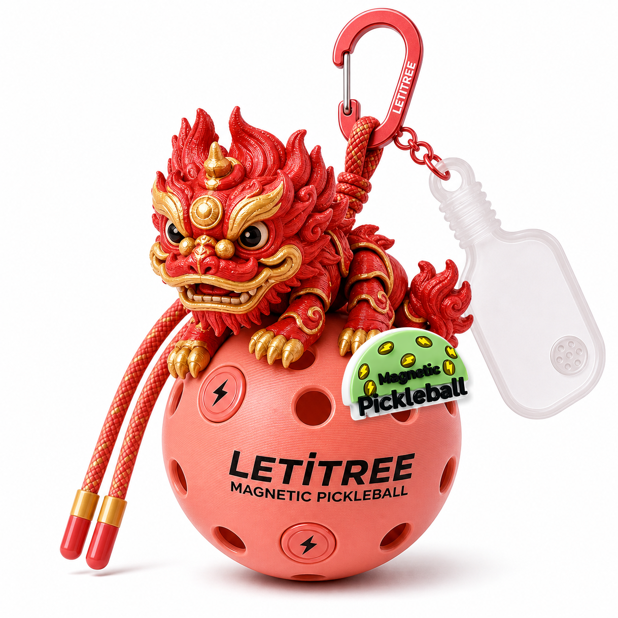 LETiTREE Magnetic Pickleball Keychain - Lion Dance Red Gold (LIO001)