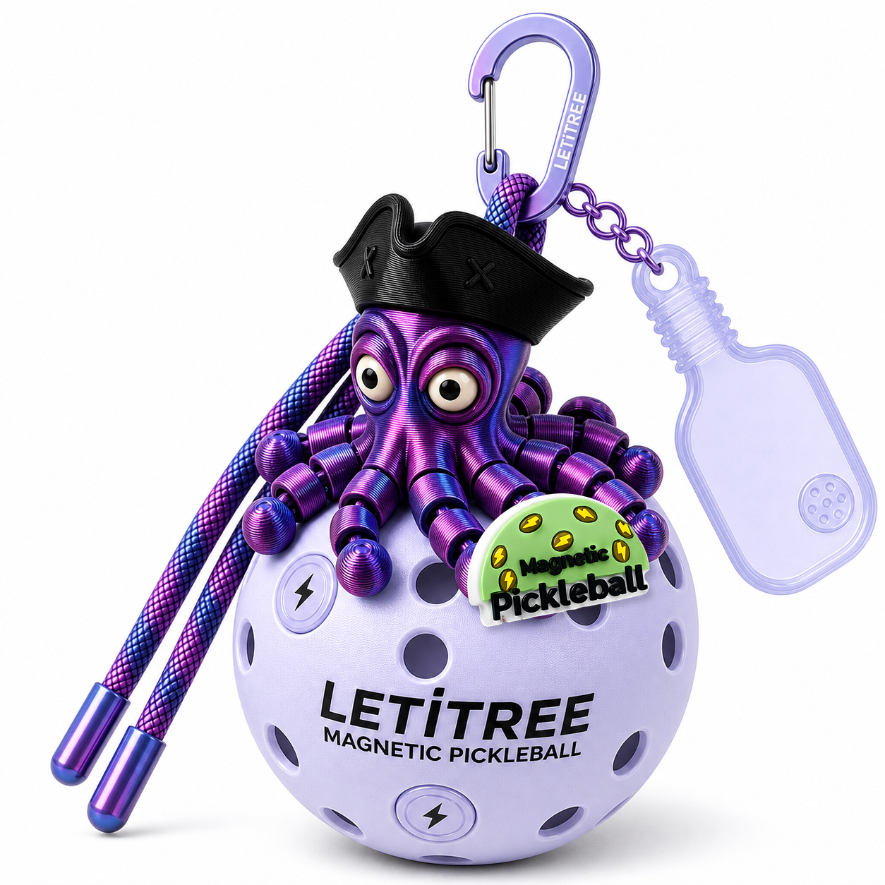 LETiTREE Magnetic Pickleball Keychain - Pirate Octopus Chief Mate Laser Purple V1 (PO006)