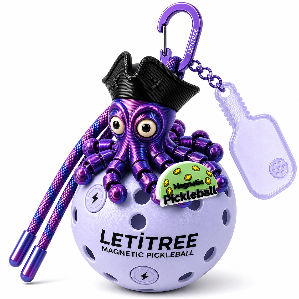 LETiTREE Magnetic Pickleball Keychain - Pirate Octopus Captain Laser Purple Local Reference (PO018)