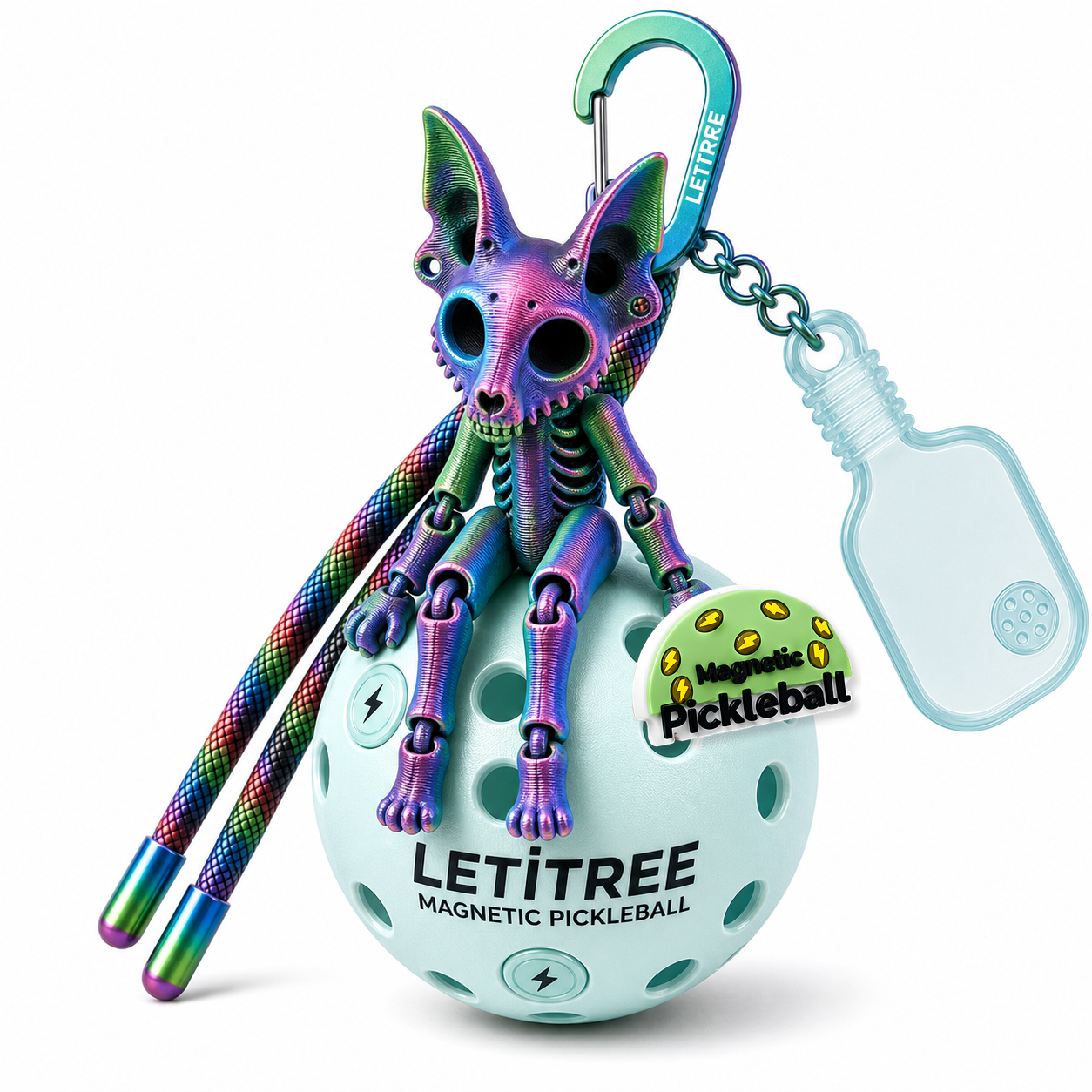 LETiTREE Magnetic Pickleball Keychain - Skeleton Cat Iridescent Rainbow V1 (SKC002)